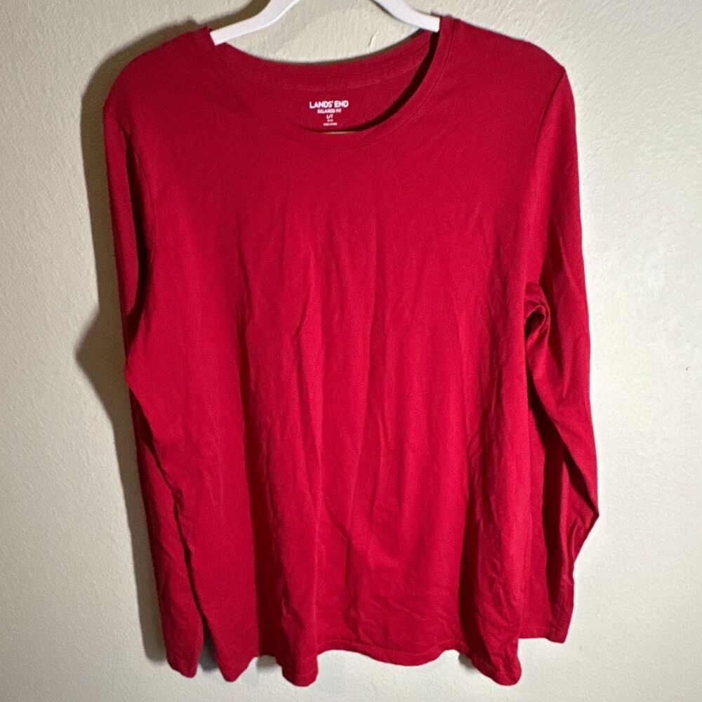 Lands' End Men’s Relaxed Fit Long Sleeve Crew Neck T-Shirt Solid Red Size L